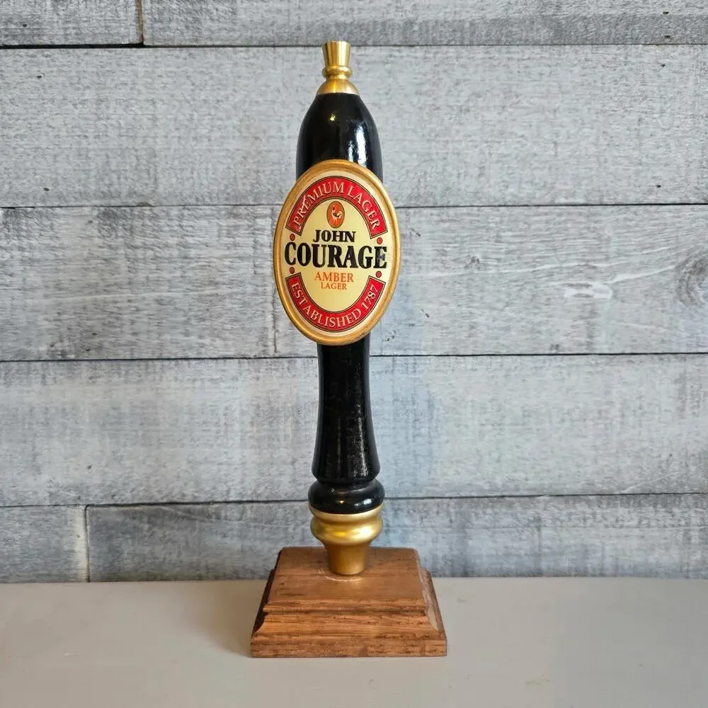 John‎ Courage Amber Lager Beer Tap Handle Pull – Wood Base – Bar Pub Decor